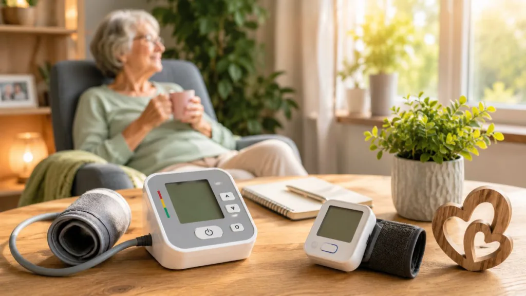 Seniorin im Wohnzimmer mit Oberarm- und Handgelenk-Blutdruckmessgerät auf dem Tisch