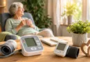Seniorin im Wohnzimmer mit Oberarm- und Handgelenk-Blutdruckmessgerät auf dem Tisch