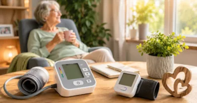 Blutdruckmessgerät für Senioren: Oberarm oder Handgelenk? Seniorin im Wohnzimmer mit Oberarm- und Handgelenk-Blutdruckmessgerät auf dem Tisch