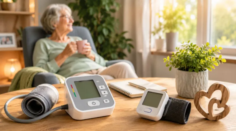 Seniorin im Wohnzimmer mit Oberarm- und Handgelenk-Blutdruckmessgerät auf dem Tisch
