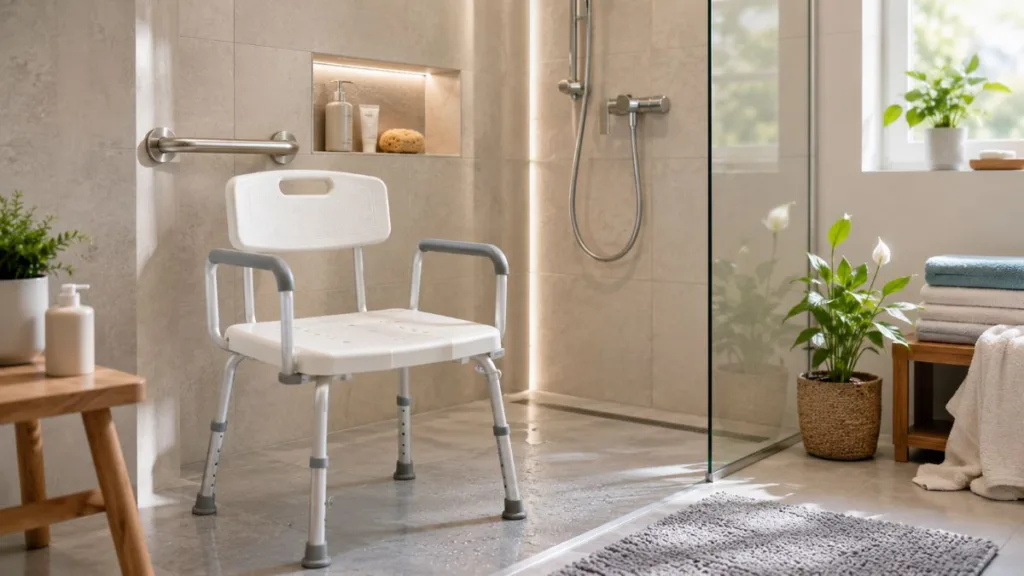 ein Duschstuhl für Senioren steht in einer Dusche