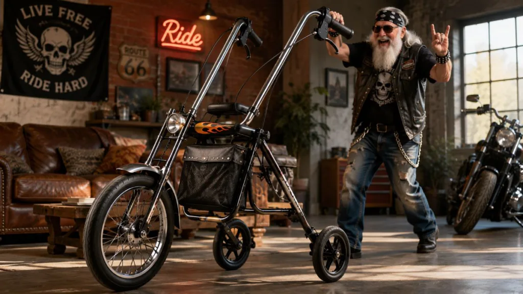 Senior im Rocker-Stil mit einem Dreirad-Rollator im Chopper-Design