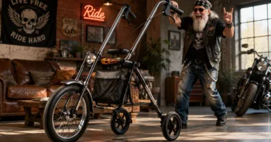 Senior im Rocker-Stil mit einem Dreirad-Rollator im Chopper-Design