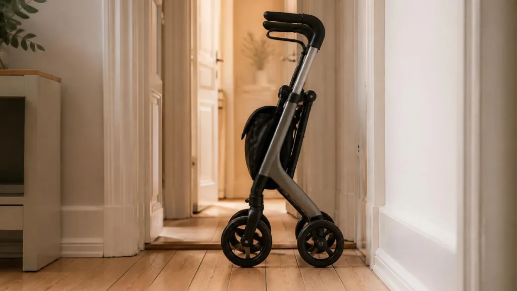 Kompakter dreirädriger Rollator in schmalem Flur, faltbar, seitliche Ansicht