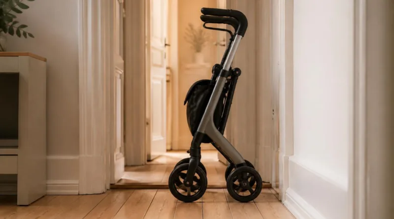 Kompakter dreirädriger Rollator in schmalem Flur, faltbar, seitliche Ansicht