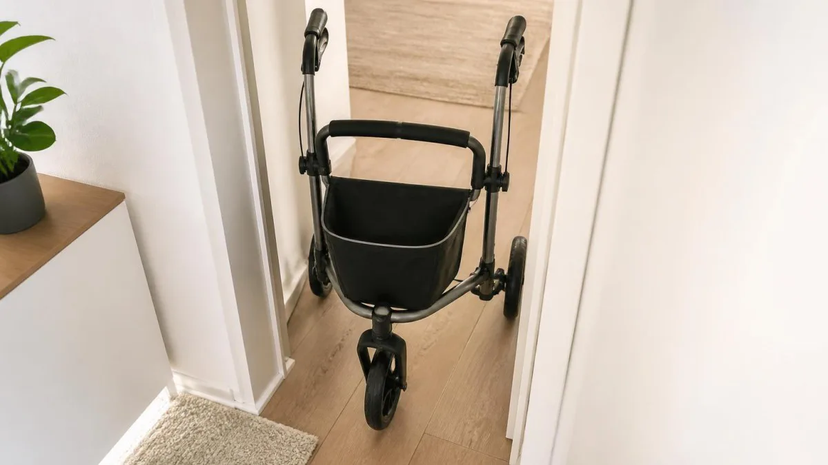 Schmaler Dreirad‑Rollator passiert enge Türöffnung im Flur