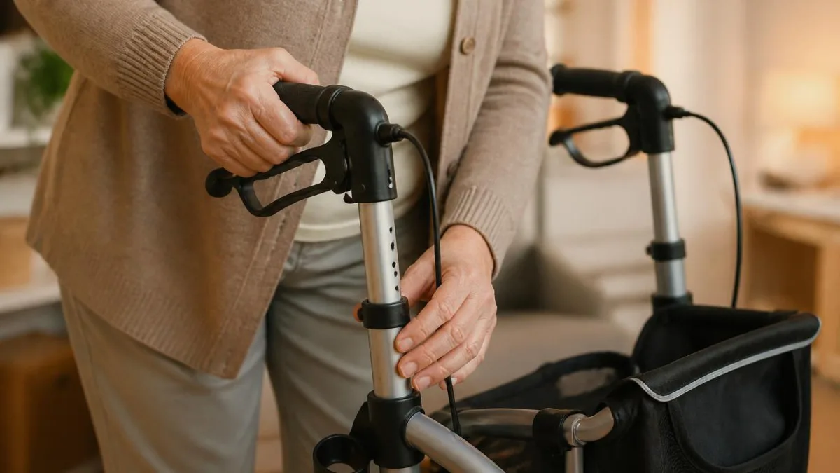 Hände an höhenverstellbaren Griffen und Bremshebeln eines leichten Dreirad‑Rollators