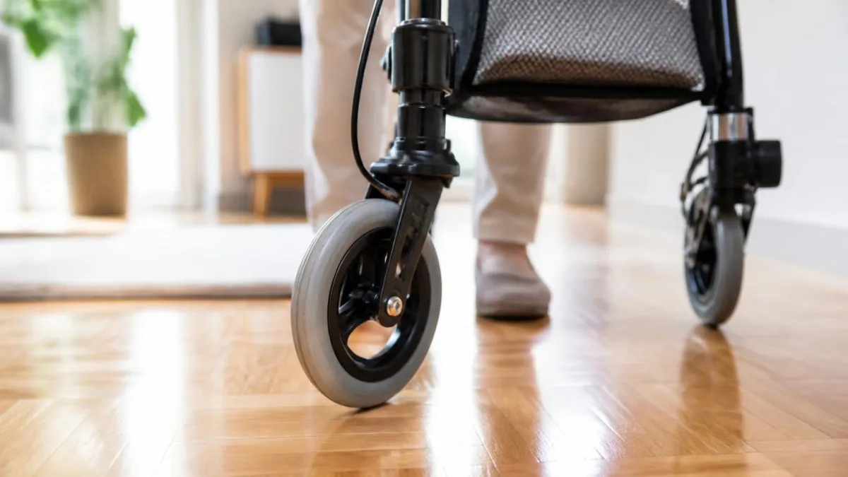 Gummierte Rollen eines Dreirad‑Rollators auf Parkettboden