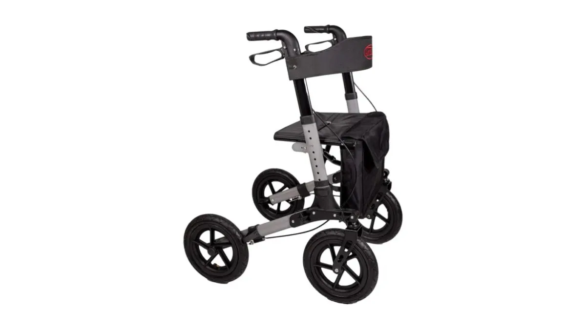 Antar Reise-Rollator mit größerem Vorderrad und gefaltetem Rahmen, schwarz-silber