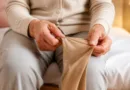 Ältere Person sitzt auf Bett und hält Kompressionsstrumpf, Hände arbeiten am Strumpf