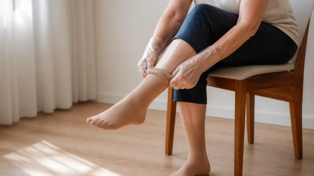 Senior zieht Kompressionsstrumpf mit Handschuh an