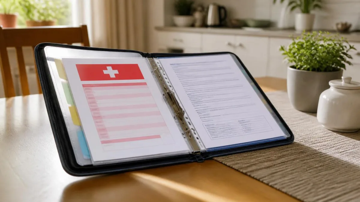 Geöffnete Arzt- und Klinikmappe mit Notfallseite und Medikationsliste auf einem Tisch.