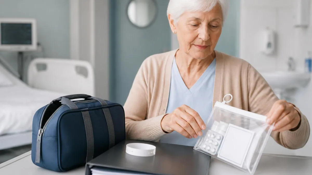 Reisetasche und To-go-Set mit Mappe und Klinikarmband, vorbereitet für Krankenhausaufenthalt.