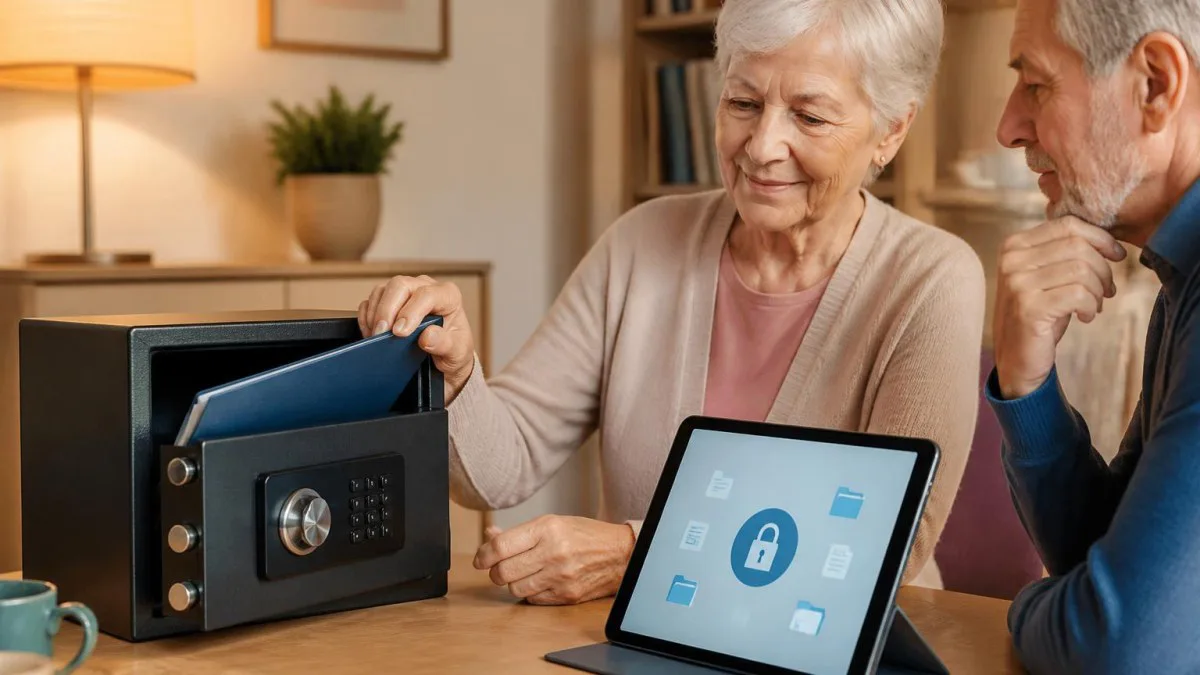 Kleiner Safe mit Mappe und Tablet, symbolisiert sichere Aufbewahrung und digitales Backup.