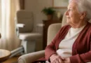Seniorin im Wohnzimmer mit subtiler Aufstehhilfe im Hintergrund