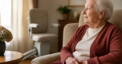Seniorin im Wohnzimmer mit subtiler Aufstehhilfe im Hintergrund