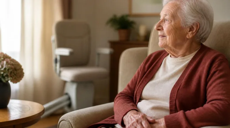 Seniorin im Wohnzimmer mit subtiler Aufstehhilfe im Hintergrund