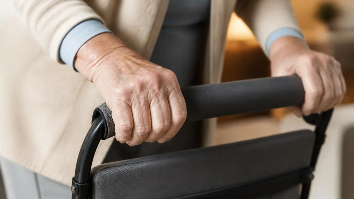 Hände halten gepolsterten Griff einer der Aufstehhilfen