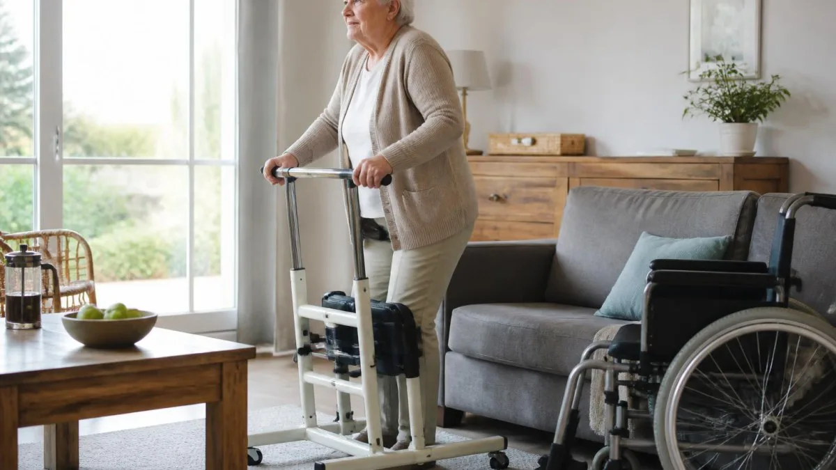 Mobile Aufstehhilfe neben Sofa in hellem Wohnraum
