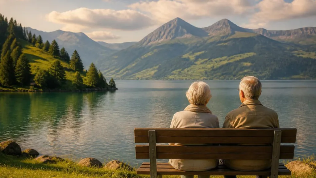 Älteres Paar sitzt vor einem Schweizer See und blickt auf die Berge.