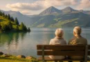 Älteres Paar sitzt vor einem Schweizer See und blickt auf die Berge.