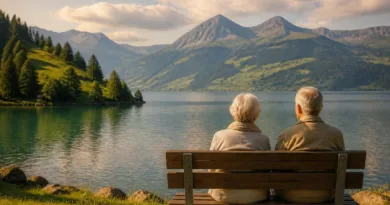 Älteres Paar sitzt vor einem Schweizer See und blickt auf die Berge.