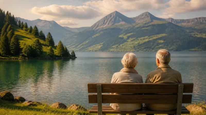 Älteres Paar sitzt vor einem Schweizer See und blickt auf die Berge.