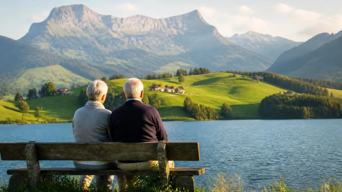 Älteres Paar sitzt auf einer Bank und blickt auf einen ruhigen Schweizer See vor einer Bergkulisse.