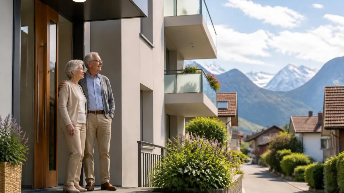 Seniorengerechtes Wohnhaus in einer Schweizer Kleinstadt mit Bergblick.
