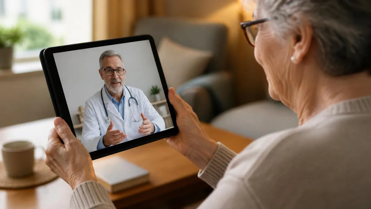 Senior führt einen Telemedizin-Videoanruf mit einem Arzt auf einem Tablet.