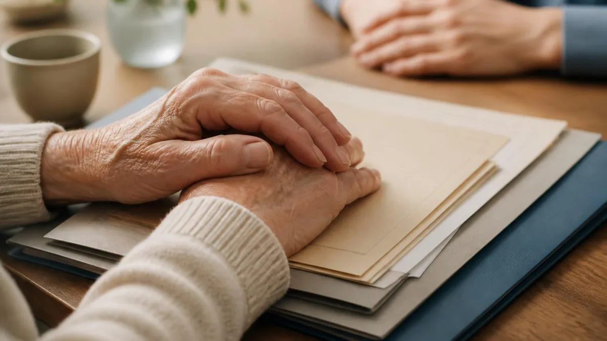 Hände halten geordnete Vorsorgedokumente: Vorsorgevollmacht und Patientenverfügung.