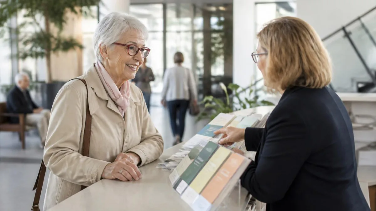 Ältere Person informiert sich in der Sozialdienststelle des Rathauses.
