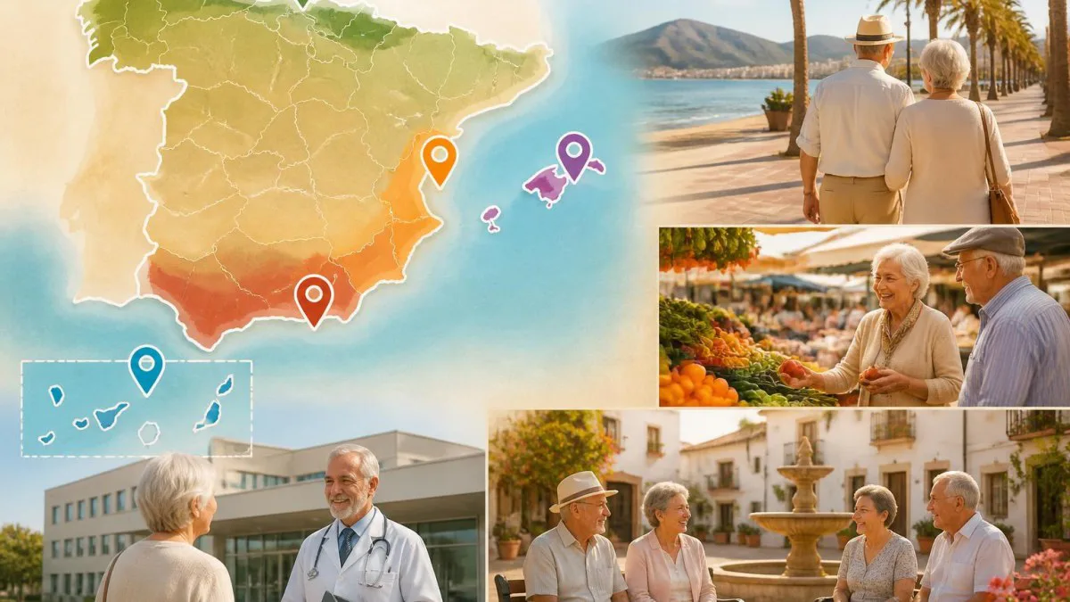 Karten-Collage Spaniens mit typischen Regionenszenen zur Orientierung.
