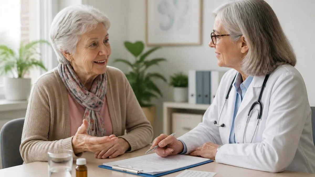 Ältere Patientin beim Hausarzt in Spanien.