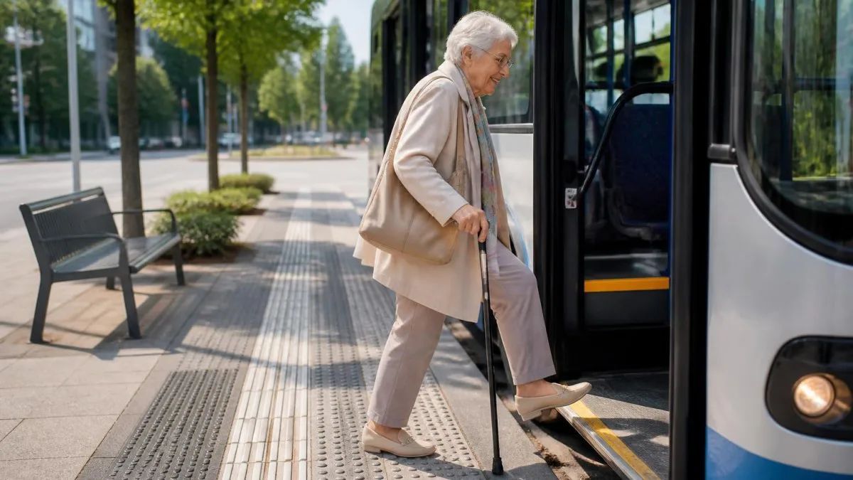 Seniorin steigt in einen barrierefreien Bus an einer Haltestelle.