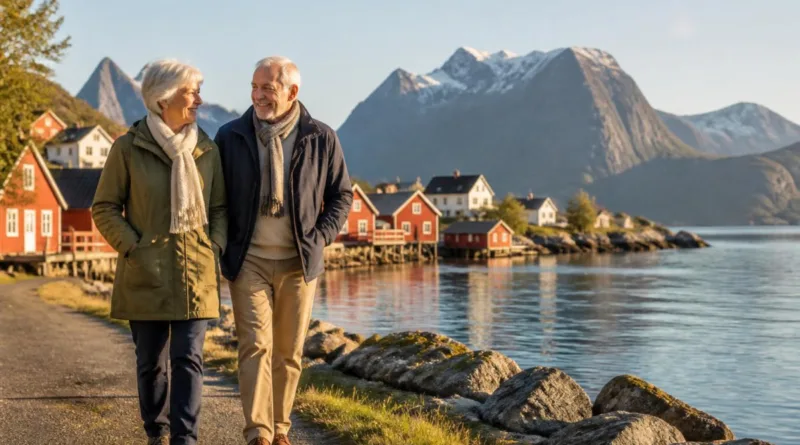 Älteres Paar an einem norwegischen Fjordufer, Blick auf Holzhäuser und Wasser