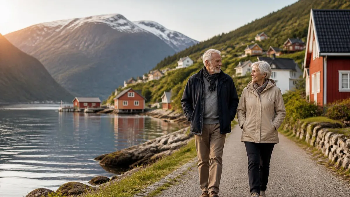 Älteres Paar an einem norwegischen Fjordufer, Blick auf Holzhäuser und Wasser