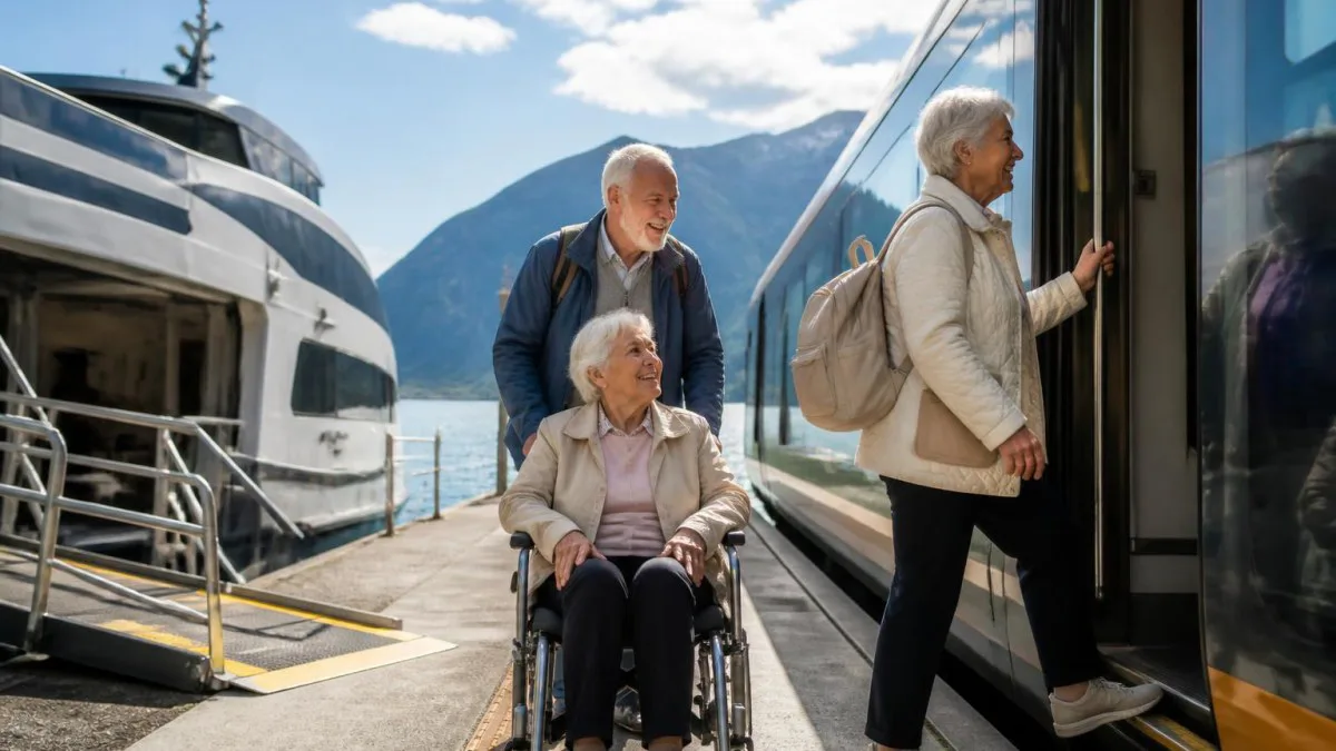 Regionalzug bzw. Fähre in Norwegen mit seniorengerechter Rampe