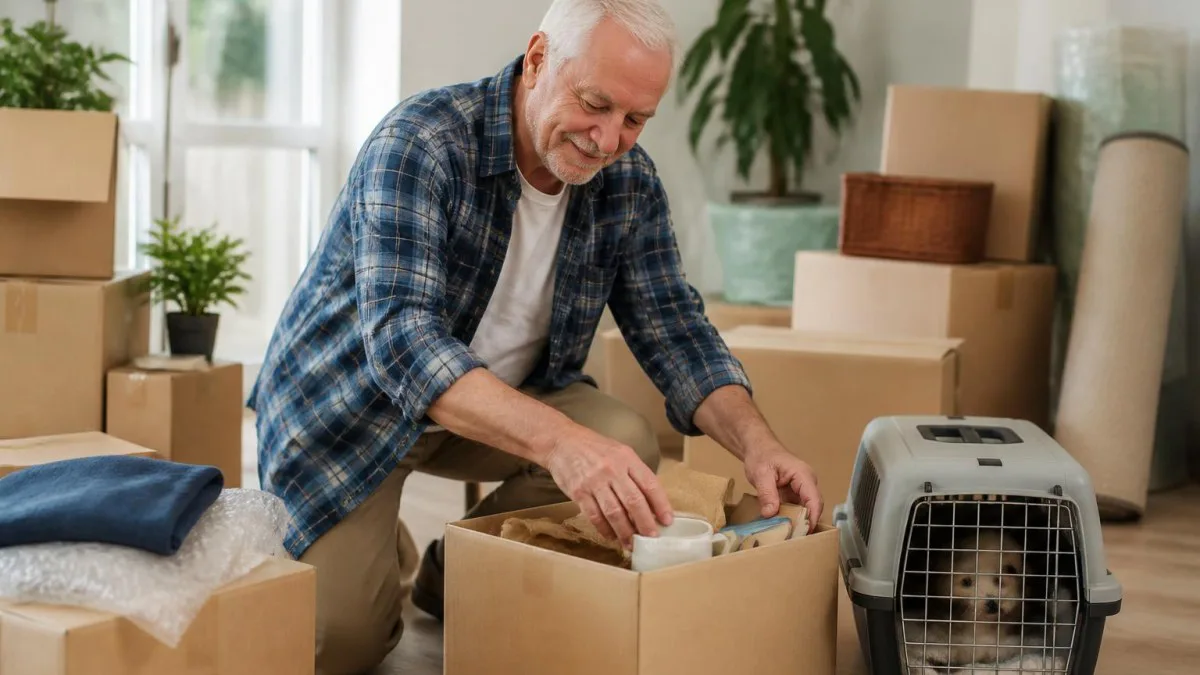 Senior beim Packen für einen Umzug nach Norwegen