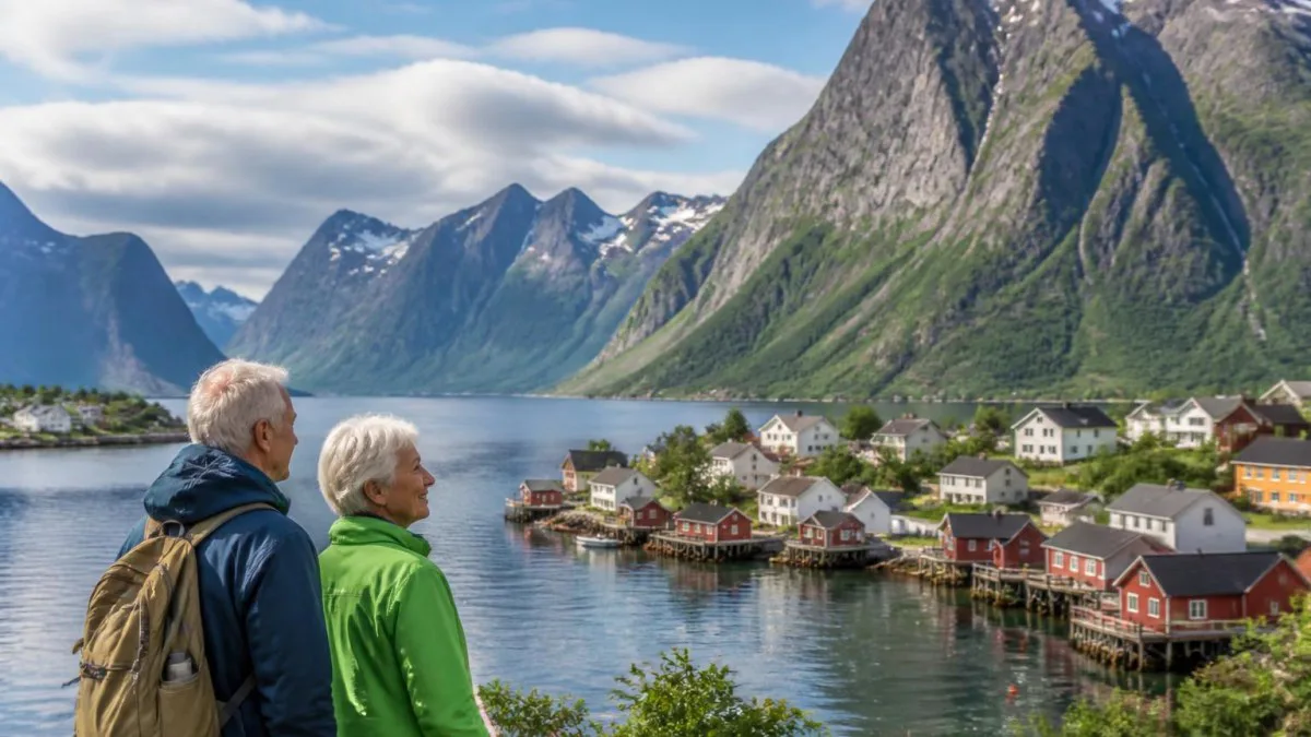 Fjordlandschaft mit kleinem Dorf und Bergen