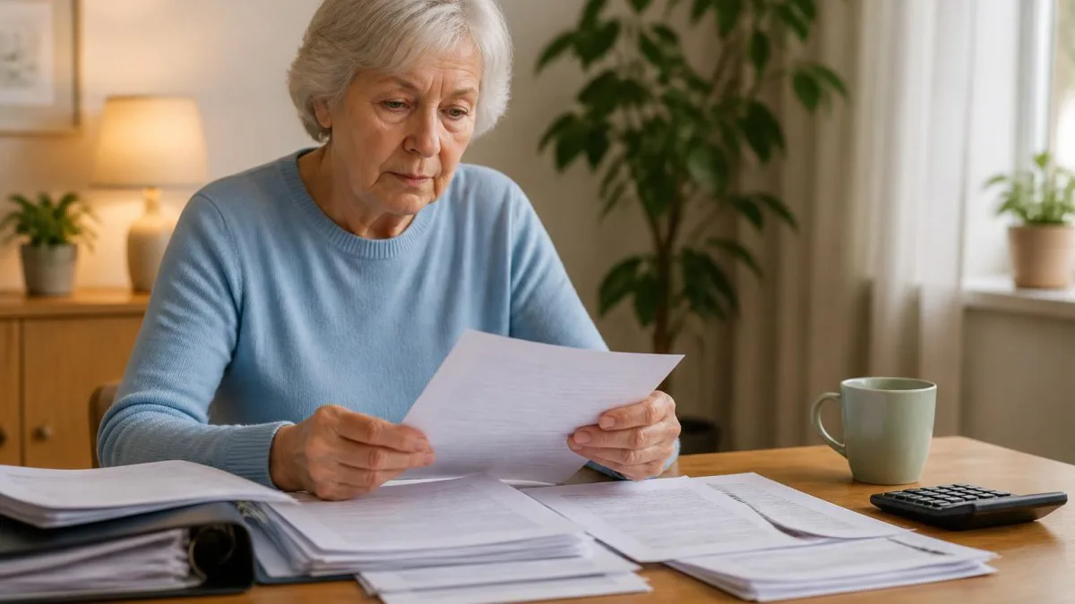 Seniorin prüft Rentenunterlagen und Kontoauszüge
