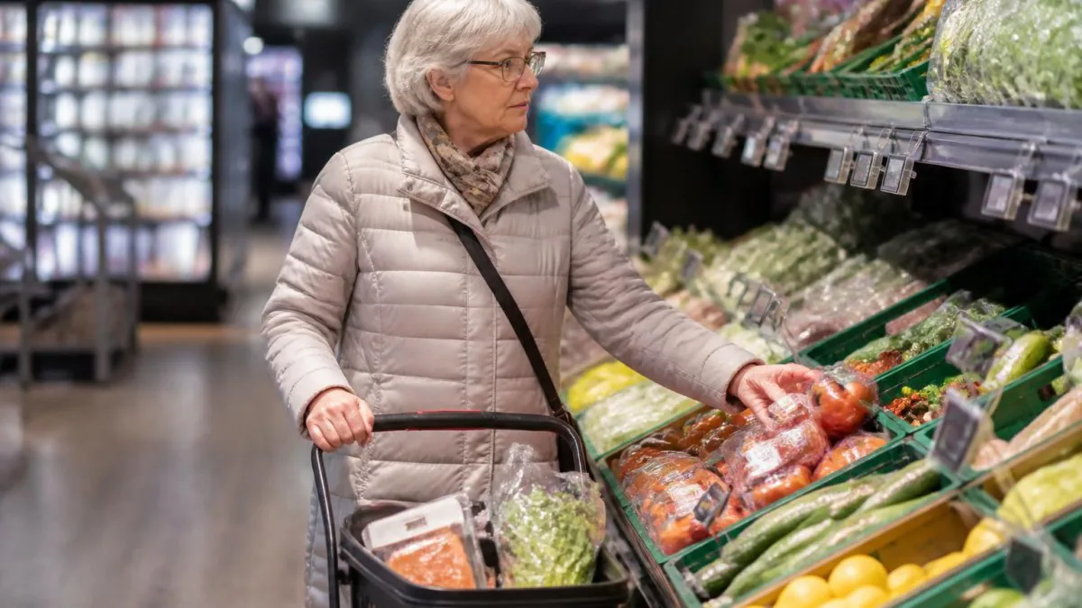 Senior beim Einkauf in einem norwegischen Supermarkt
