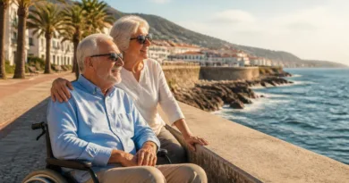 Älteres Paar auf Promenade in Portugal mit Meerblick