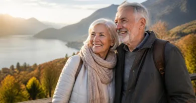 Seniorenpaar vor alpenhafter Landschaft in Österreich, symbolisiert neues Leben im Ruhestand