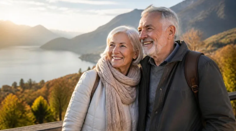 Seniorenpaar vor alpenhafter Landschaft in Österreich, symbolisiert neues Leben im Ruhestand