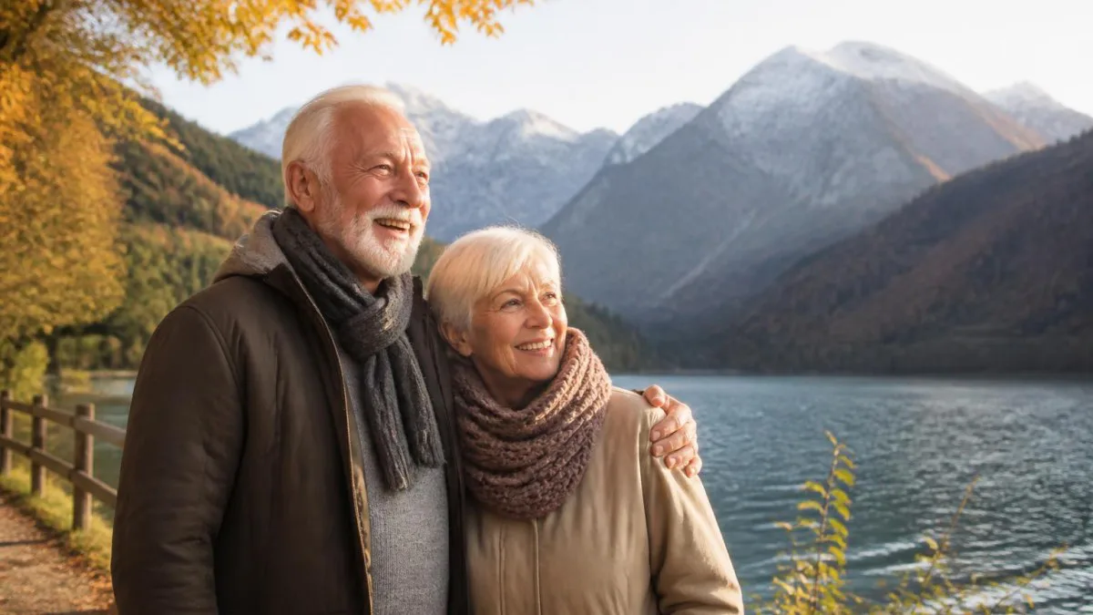 Seniorenpaar vor alpenhafter Landschaft in Österreich, symbolisiert neues Leben im Ruhestand