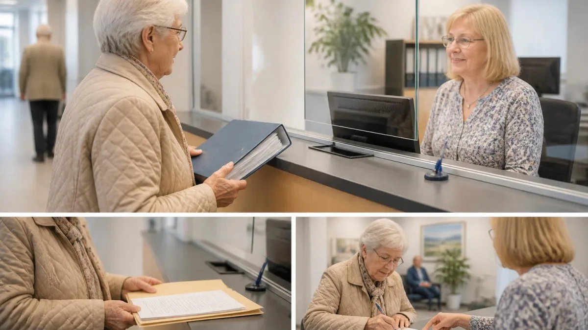 Seniorin bei der Anmeldung im Gemeindeamt in Österreich; Dokumente und Meldeprozess visualisiert