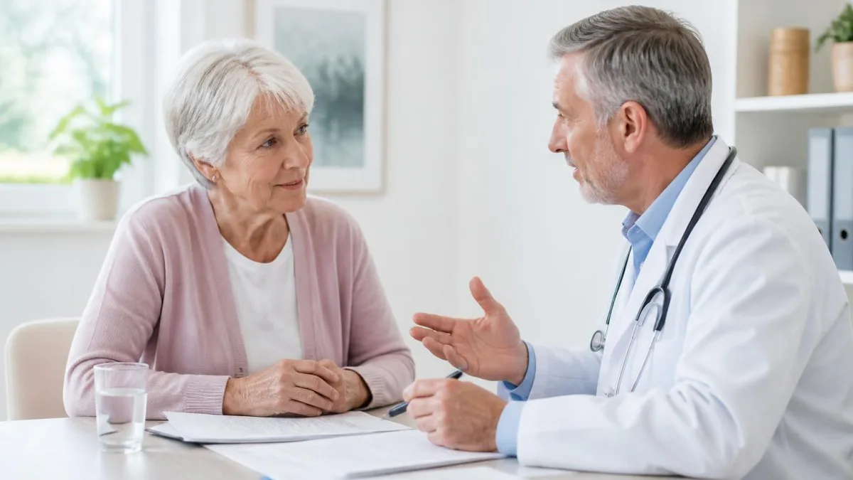 Seniorin bei einem Arztgespräch in einer österreichischen Praxis – symbolisiert Zugang zur Gesundheitsversorgung