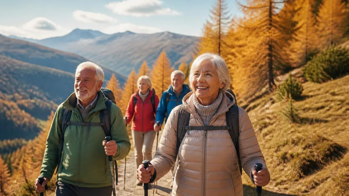 Seniorengruppe beim Wandern in den österreichischen Alpen, zeigt Freizeitmöglichkeiten für aktive Ältere