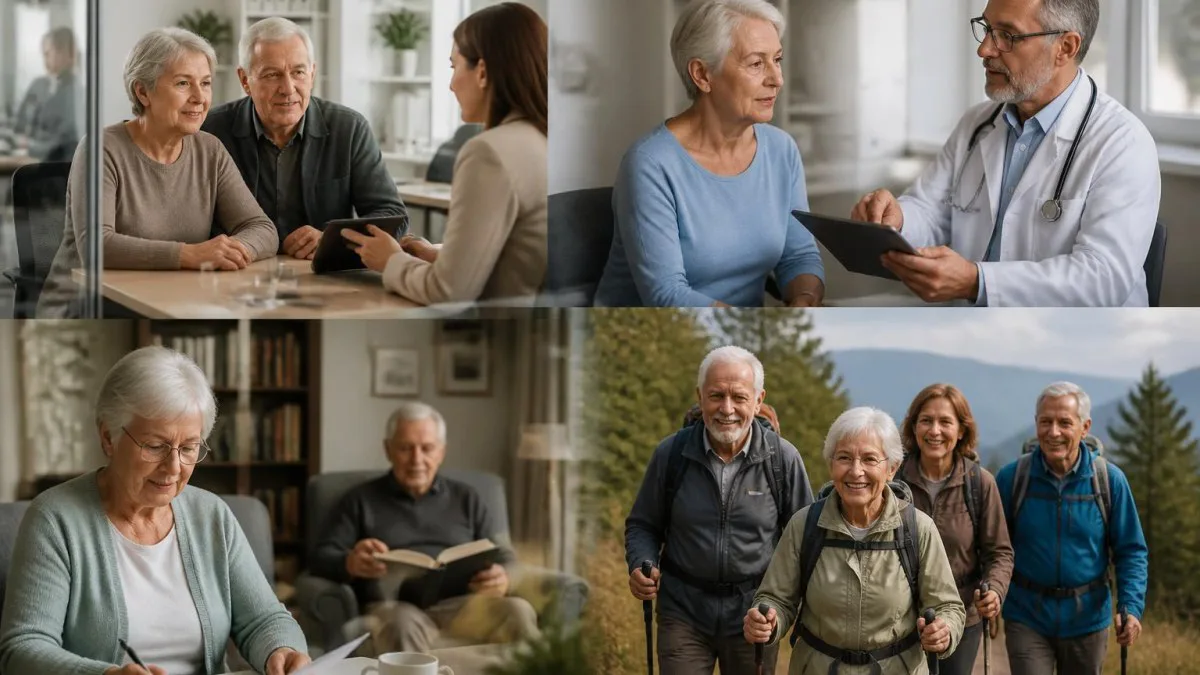 Collage mit Behördenszene, Arztpraxis, altersgerechter Wohnung und Wandergruppe in Österreich, visuelles Konzept für den Ratgeber